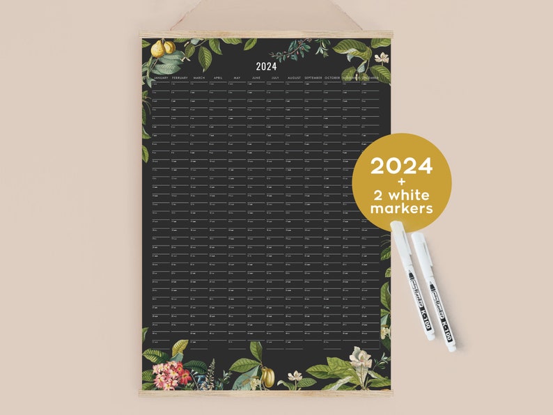 2024 Wall Planner Black white markers botanical Personalized, Wall Calendar in your language image 1