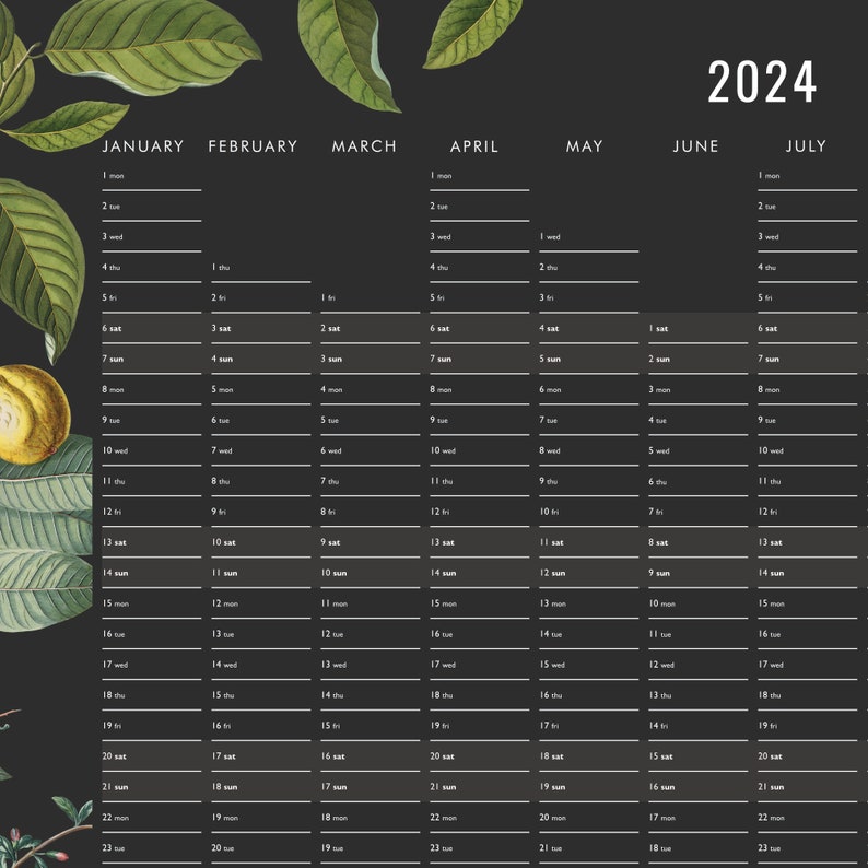 Agenda mural 2024 avec marqueurs blancs Jungle botanique noire dans votre langue, personnalisé HORIZONTAL image 2