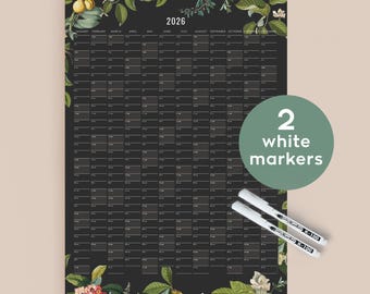 2026 Wandkalender Schwarz + weiße Marker – Personalisierter botanischer Jahresplaner, Geschenk fur sie, Einweihungsgeschenk