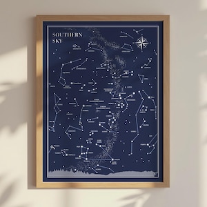 Impresión del mapa estelar del cielo austral: póster de constelaciones, set para el pequeño astrónomo, arte mural con mapa celeste, regalo para la vuelta al cole