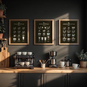 Lot de 3 impressions Guide du café - Art mural café, décoration de cuisine, cadeau pour amateur de café, carte expresso, guide de brassage, art du barista