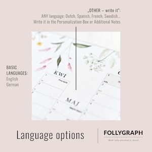 Puede incluir: Primer plano de una p&aacute;gina de calendario con ilustraciones florales en acuarela. El calendario incluye el mes de mayo y la palabra "KWI". El texto de la p&aacute;gina incluye "Prima Aprilis" y "Opciones de idioma". La marca "FOLLYGRAPH" tambi&eacute;n es visible.