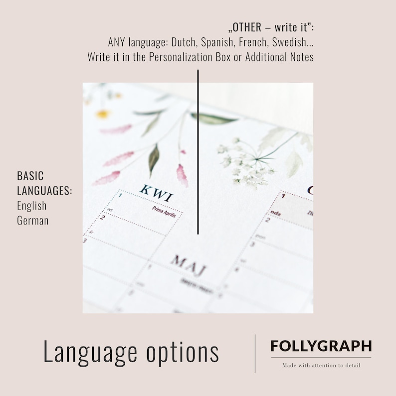 Puede incluir: Primer plano de una p&aacute;gina de calendario con ilustraciones florales en acuarela. El calendario incluye el mes de mayo y la palabra "KWI". El texto de la p&aacute;gina incluye "Prima Aprilis" y "Opciones de idioma". La marca "FOLLYGRAPH" tambi&eacute;n es visible.