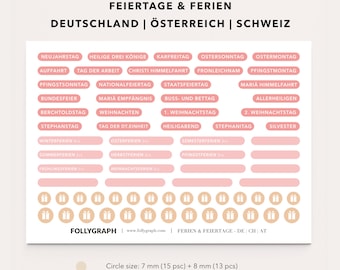 Stickers Holidays -  Feiertage und Ferien - Germany | Austria | Switzerland - Sheet with 71 stickers for Planners, Calendars, Journal