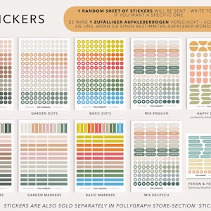 May include: A collection of sticker sheets with various designs, including dot patterns, markers, and labels. The stickers come in a range of colors, from earth tones to bright hues. The text on the image says "STICKERS" and "1 RANDOM SHEET OF STICKERS WILL BE SENT - WRITE TO US, IF YOU WANT A SPECIFIC ONE."