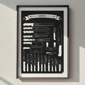 Types of Knives kitchen poster - scandinavian design art print, modern, art, decor, infographic, BLACK, 8x10 12x16 16x20 A4 A3