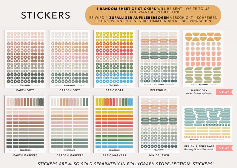 May include: A collection of sticker sheets with various designs, including dot patterns, markers, and labels. The stickers come in a range of colors, from earth tones to bright hues. The text on the image says "STICKERS" and "1 RANDOM SHEET OF STICKERS WILL BE SENT - WRITE TO US, IF YOU WANT A SPECIFIC ONE."