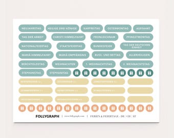 Aufkleber - Feiertage und Ferien - Deutschland | Österreich | Schweiz - Bogen mit 59 Stickern für Wandplaner, Kalender, Journal, Tagebuch