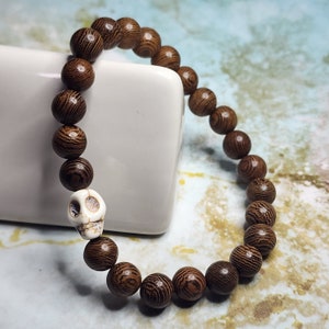 Brown Striped Wood Memento Mori Skull ONLY  Stretch Bracelet (Choose Size)