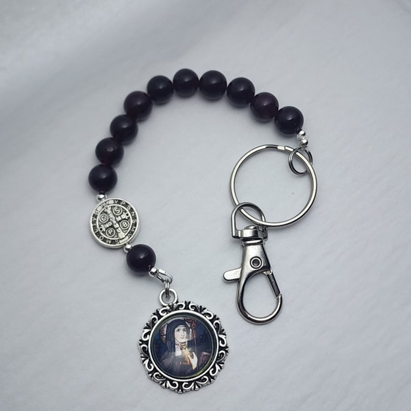 St Gertrude Patron Saint Cat Decade Rosary Cabochon Pendant Photo Keychain Pocket Zipper Clip