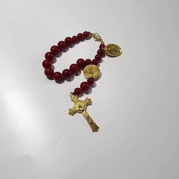 Handmade Pocket One Decade Red St Benedict Rosary ~ Virgin Mary Medal  Gold Tone Catholic Rosary Decade with Crucifix