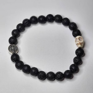 Black Lava Rock Memento Mori Skull & St Benedict Medal Stretch Bracelet (choose size)