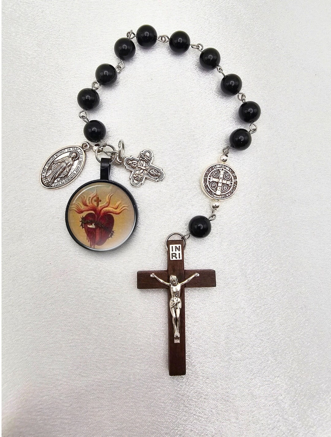 Sacred Heart of Jesus One Decade Rosary Pocket Black Obsidian Handmade ...