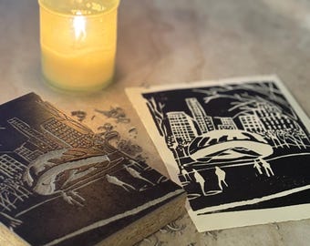Chicago Bean (Cloud Gate) Hand-Carved Linocut Block Print 5''x7''