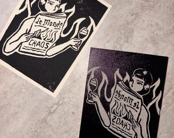 Le Monde Chaos Newspaper Hand-Carved Linocut Block Print 5''x7'' - 50% Proceeds to ILRC