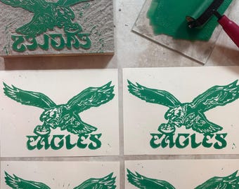 Philadelphia Eagles Vintage 1987 Logo - Kelly Green  -  Hand-Carved Linocut Block Print 5''x7''