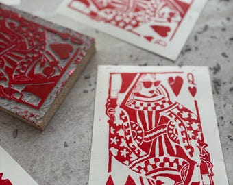 Queen of Hearts Linocut Print: Hand-Carved Linocut block print Playing Card Art (5x7)