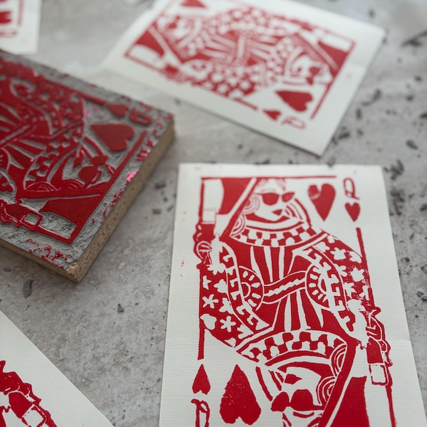 Queen of Hearts Linocut Print: Hand-Carved Linocut block print Playing Card Art (5x7)