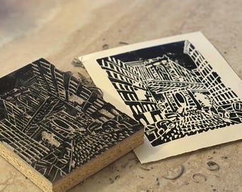 Brooklyn Bridge Hand-Carved Linocut Block Print 5''x7''