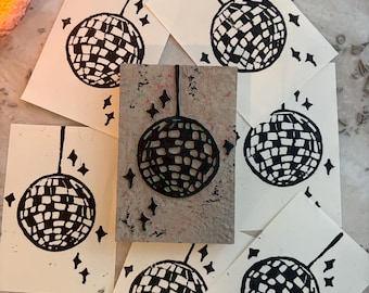 Disco Ball Hand Carved Linocut Block Print 4''x6''