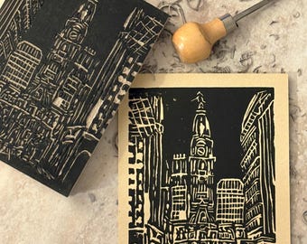 Philadelphia City Hall Hand-Carved Linocut Block Print 5''x7''