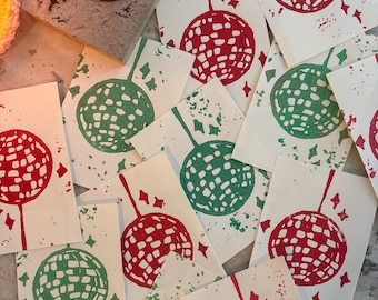 Glittery Disco Ball Hand-Carved Linocut Block Print 4''x6''