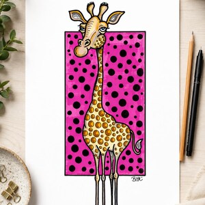 May include: A whimsical illustration of a giraffe with a long neck and yellow-brown spotted coat, standing in front of a bright pink rectangular background covered in large black polka dots. The giraffe has blue eyes and a signature marked Bree.