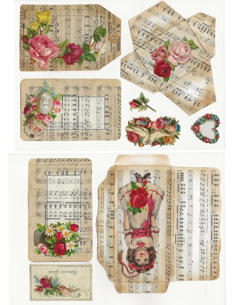 May include: A collection of vintage ephemera featuring images of roses, a girl in a dress, and a dove with a heart. The ephemera is printed on music sheet paper with musical notes and lyrics. The text on the ephemera includes "POST CARD" and "Embossed Hands".