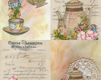 Coffee Tea Far Away pages & ephemera digital kit. Digital Antique Postcards and images, junk Journals diary