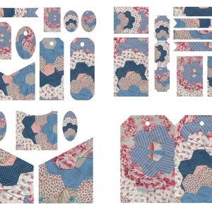 May include: A collection of various fabric tags and labels in different shapes and sizes. The tags feature patchwork designs with floral, blue, and pink patterns. Some tags have a hole for attaching to items.