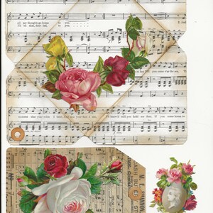 May include: A vintage paper ephemera set with a floral theme. The set includes four pieces of paper with musical notes and a floral design. The paper is decorated with roses, leaves, and a small portrait of a woman. The text on the paper reads "Cash Bu Ef Store, M. E. Shannon, Dealer in Groceries, Bath."