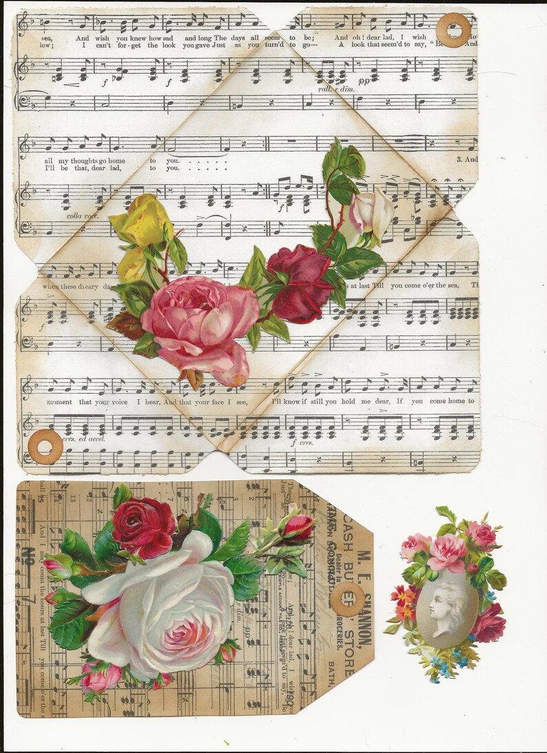 May include: A vintage paper ephemera set with a floral theme. The set includes four pieces of paper with musical notes and a floral design. The paper is decorated with roses, leaves, and a small portrait of a woman. The text on the paper reads "Cash Bu Ef Store, M. E. Shannon, Dealer in Groceries, Bath."