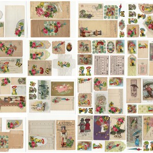 Op de afbeelding: Een verzameling vintage ephemera met afbeeldingen van kinderen, bloemen en paraplu's. De ephemera omvat ansichtkaarten, labels en andere papieren ephemera. De ephemera is in verschillende kleuren, waaronder roze, blauw, geel en groen.