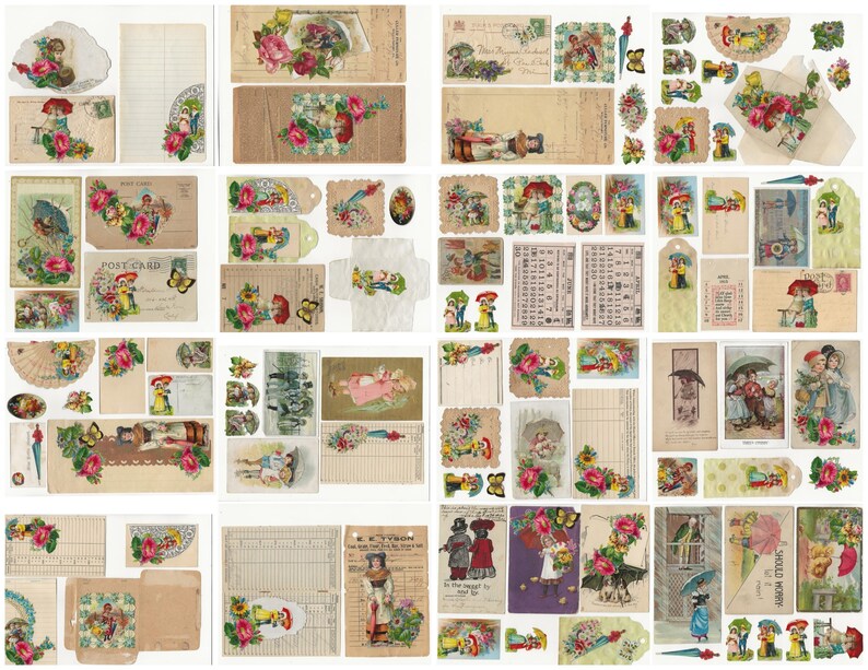 Op de afbeelding: Een verzameling vintage ephemera met afbeeldingen van kinderen, bloemen en paraplu's. De ephemera omvat ansichtkaarten, labels en andere papieren ephemera. De ephemera is in verschillende kleuren, waaronder roze, blauw, geel en groen.