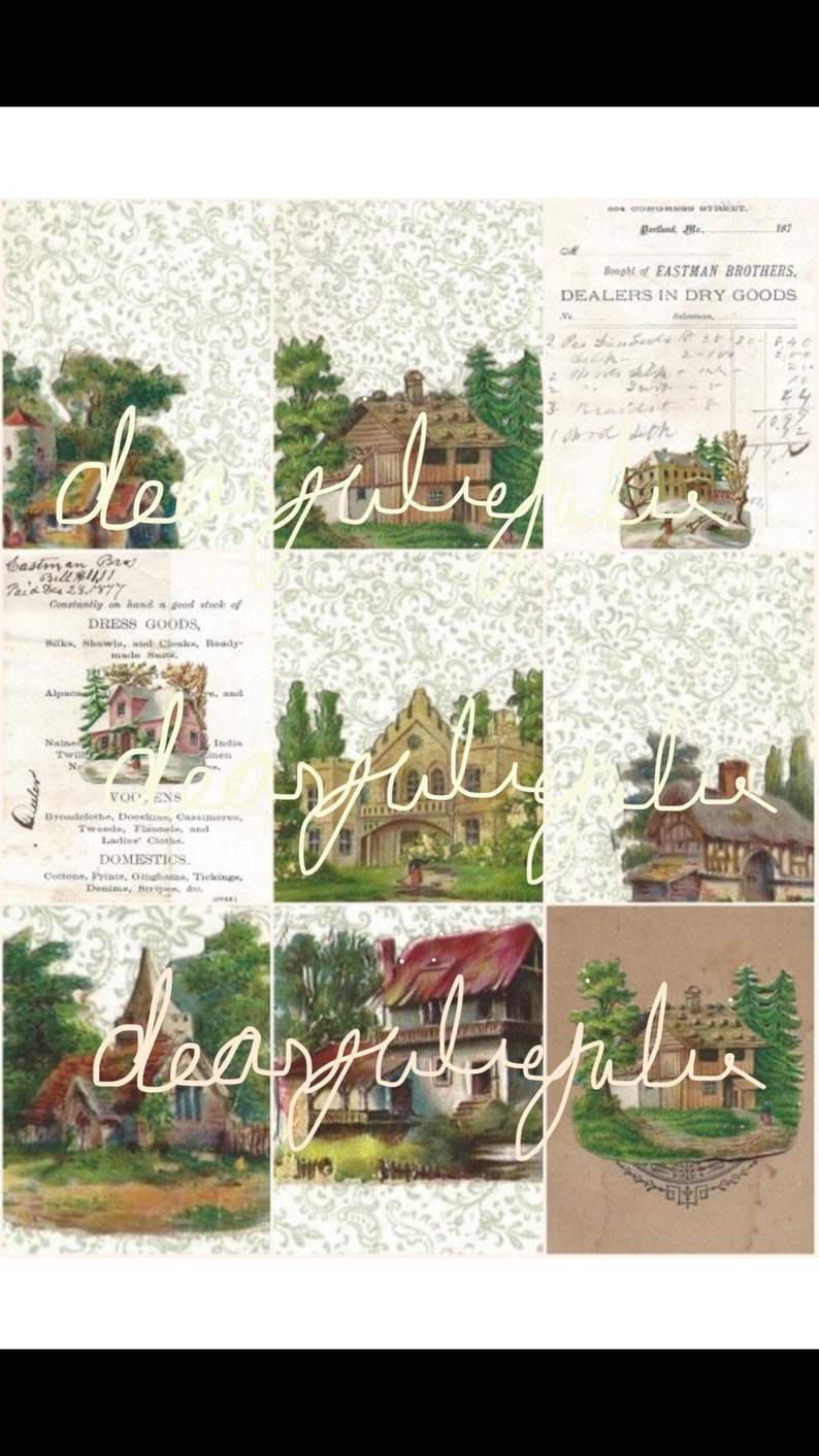 Digital Delux Tiny Houses pages & ephemera digital kit. Antique lmages for junk journals, card making and paper crafting image 1