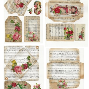 May include: A collection of vintage ephemera featuring floral designs and musical sheet music. The images include roses, a heart, a doll, and a tag with the text "M. E. MANNON, JASH BU ER STORM".