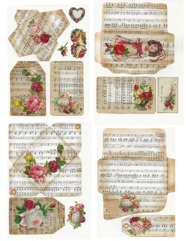 May include: A collection of vintage ephemera featuring floral designs and musical sheet music. The images include roses, a heart, a doll, and a tag with the text "M. E. MANNON, JASH BU ER STORM".