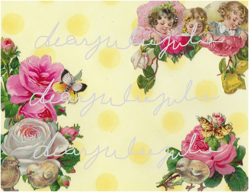 Puede incluir: Un fondo amarillo con lunares blancos presenta un dise&ntilde;o floral con rosas rosas, rosas blancas, mariposas y dos pollitos peque&ntilde;os. El texto "dear you" est&aacute; escrito en cursiva tres veces en la imagen.