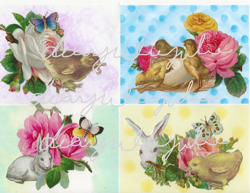 Puede incluir: Un collage de cuatro im&aacute;genes con ilustraciones de tem&aacute;tica primaveral. La imagen superior izquierda muestra un p&aacute;jaro marr&oacute;n posado sobre una rosa blanca con una mariposa azul. La imagen superior derecha muestra tres pollitos amarillos con un huevo blanco y rosas rosas. La imagen inferior izquierda muestra un conejo blanco con rosas rosas y una mariposa. La imagen inferior derecha muestra un pollito amarillo con rosas rosas y una mariposa.