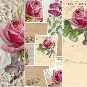 Lavender Pink Roses Seiten & Ephemera digitales Kit. Digitale Antike Postkarten und Bilder, Junk Journals Tagebuch