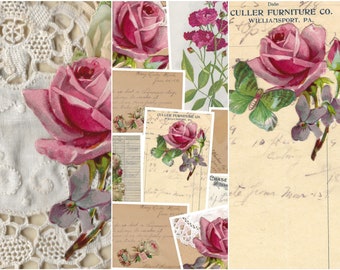 Lavender Pink Roses pages & ephemera digital kit. Digital Antique Postcards and images, junk Journals diary