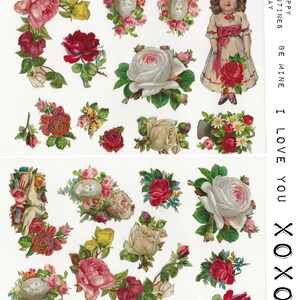 May include: Vintage Valentine's Day stickers featuring roses, hearts, and a girl with a bouquet of flowers. The text reads "Happy Valentines Day Be Mine I Love You XOXO".
