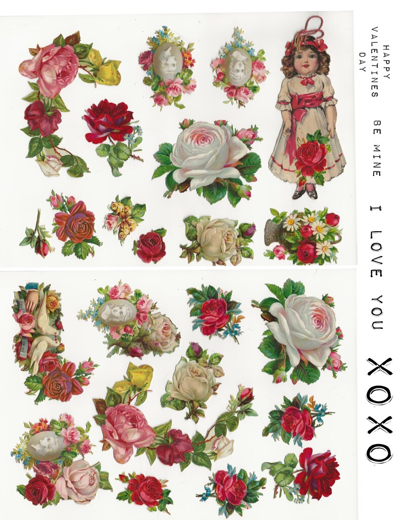 May include: Vintage Valentine's Day stickers featuring roses, hearts, and a girl with a bouquet of flowers. The text reads "Happy Valentines Day Be Mine I Love You XOXO".