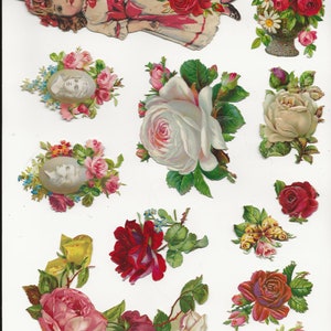May include: Vintage paper ephemera with images of roses, a girl doll, and a basket of flowers. The images are printed on white paper and have a faded, antique look.