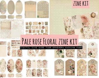 May include: A collection of pale rose floral zine kit elements, including tags, ephemera, and backing pages. The design features vintage-style illustrations of roses and other floral elements, with text that reads "PALE ROSE FLORAL ZINE KIT".