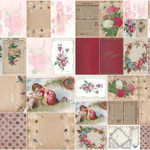 Puede incluir: Un collage digital de imágenes vintage con motivos florales, una pluma de pavo real, una niña con un gato y un libro titulado "Songs Sweet Songs". El collage está formado por 24 imágenes individuales, cada una con un diseño único.