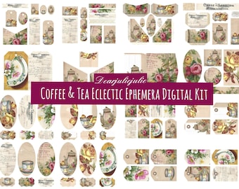 May include: A digital kit featuring vintage-style ephemera with a coffee and tea theme. The collection includes tags, labels, and decorative elements with floral and botanical illustrations, teacups, and teapots. The text "Coffee & Tea Eclectic Ephemera Digital Kit" is visible.