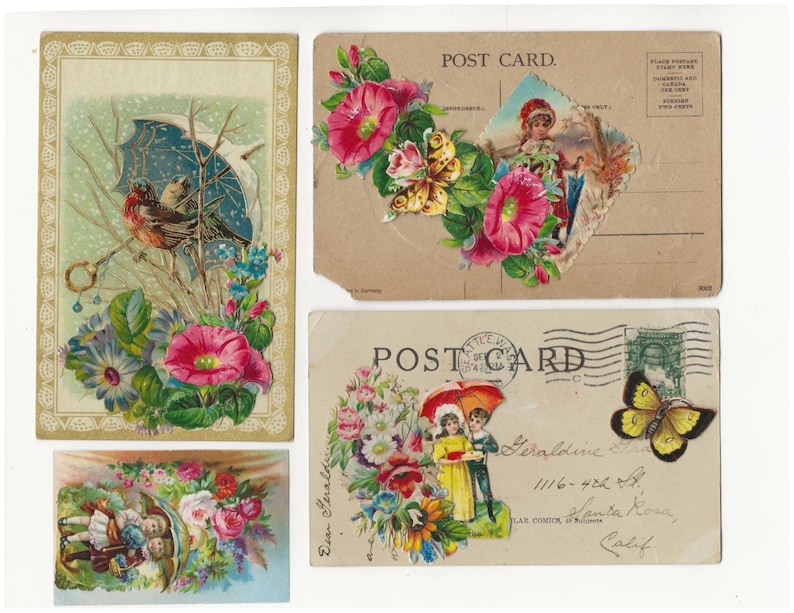 Op de afbeelding: Vier vintage ansichtkaarten met bloemmotieven. De linker bovenste ansichtkaart toont een vogel die op een tak zit met een blauwe paraplu. De rechter bovenste ansichtkaart toont een meisje in een rode jurk met een vlinder en bloemen. De linker onderste ansichtkaart toont een boeket bloemen met twee kinderen. De rechter onderste ansichtkaart toont een vlinder en bloemen met de tekst "Lieve Geraldine 1116-422 Santa Rosa, Californi&euml;".