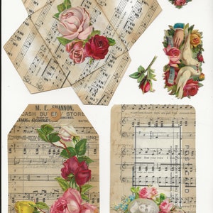 May include: A collection of vintage ephemera featuring images of roses, doves, and a heart. The ephemera is printed on paper with a musical score background. The text on the ephemera includes "Cash Buyer Store" and "Happy Westtown Boarding School".