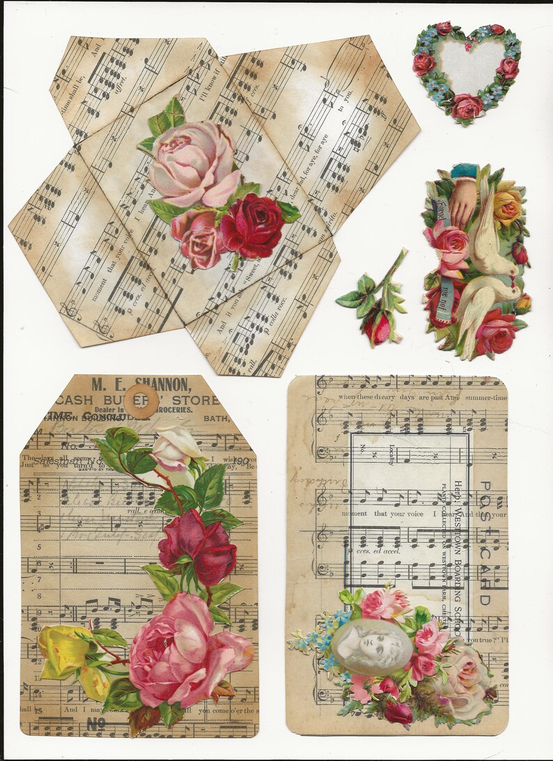 May include: A collection of vintage ephemera featuring images of roses, doves, and a heart. The ephemera is printed on paper with a musical score background. The text on the ephemera includes "Cash Buyer Store" and "Happy Westtown Boarding School".